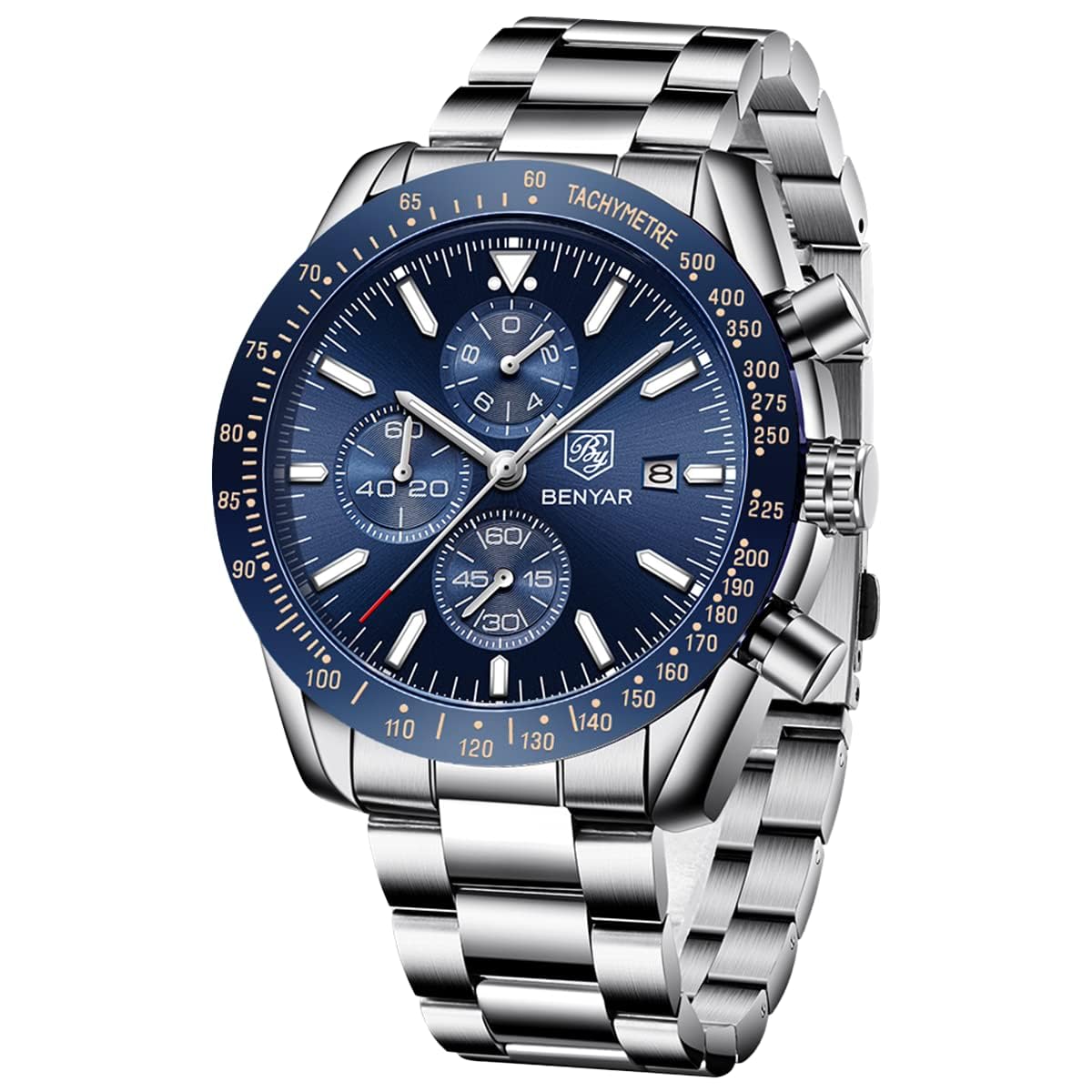 BY BENYAR Analog 30M Water Leather Gift for Silver Blue Men s Watch, Chronograph, Watch, Resistant, Business, Simple, Stylish, Popular, Formal, Strap,