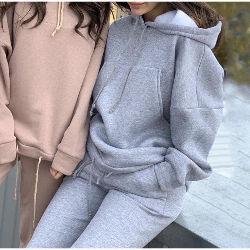 2023 Stylish European & American Spring/Autumn Solid Color Sweatshirt Casual Two-Piece Set with Large Pockets