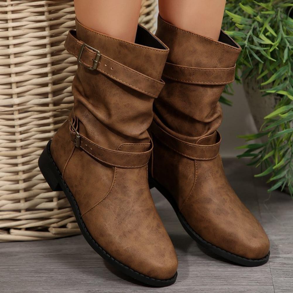 Women Ankle Boots Autumn Retro Round Toe PU Leather Femme Mid-heel Stubby Short Boots Outdoor Fashion Pleated Casual Shoes