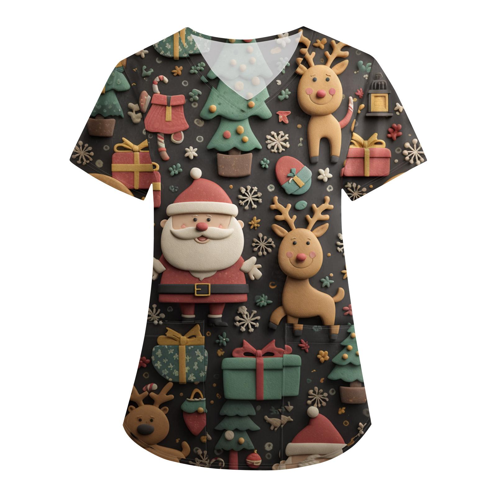 

Женская свободная униформа с V-образным вырезом, короткими рукавами и рождественским принтом XXL