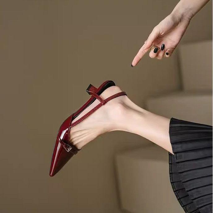 Retro Thin Heel Empty Single Shoes Burgundy Temperament Pointed Head Patent Leather Medium Heel Bag Head Sandals Women's 2025 Winter New Models