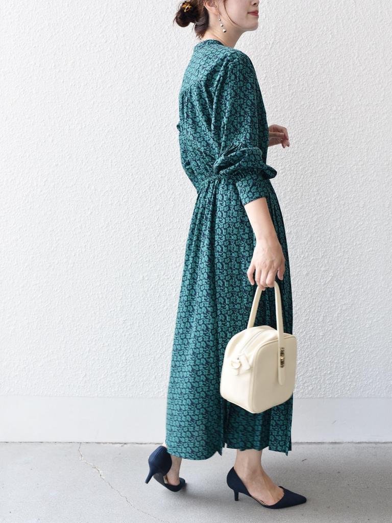 SHIPS for Women Web Hand Polka Band Side Dark Size M Dress, Exclusive, Washable, Dot/Floral Print, Collar, Pleats, Women's, 314514409, Green,