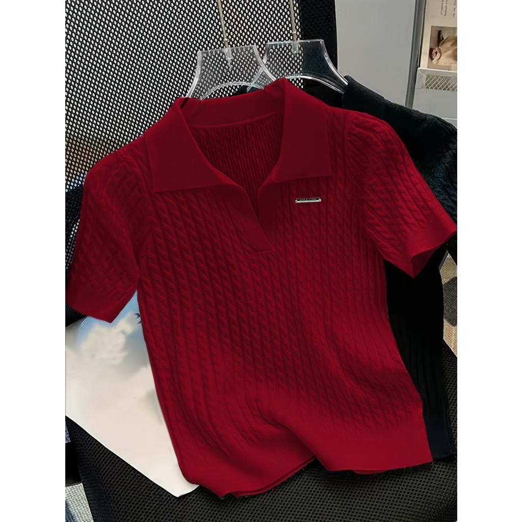 Tricou cu mâneci scurte cu mâneci scurte, cu rever, cu rever, din mătase de gheață