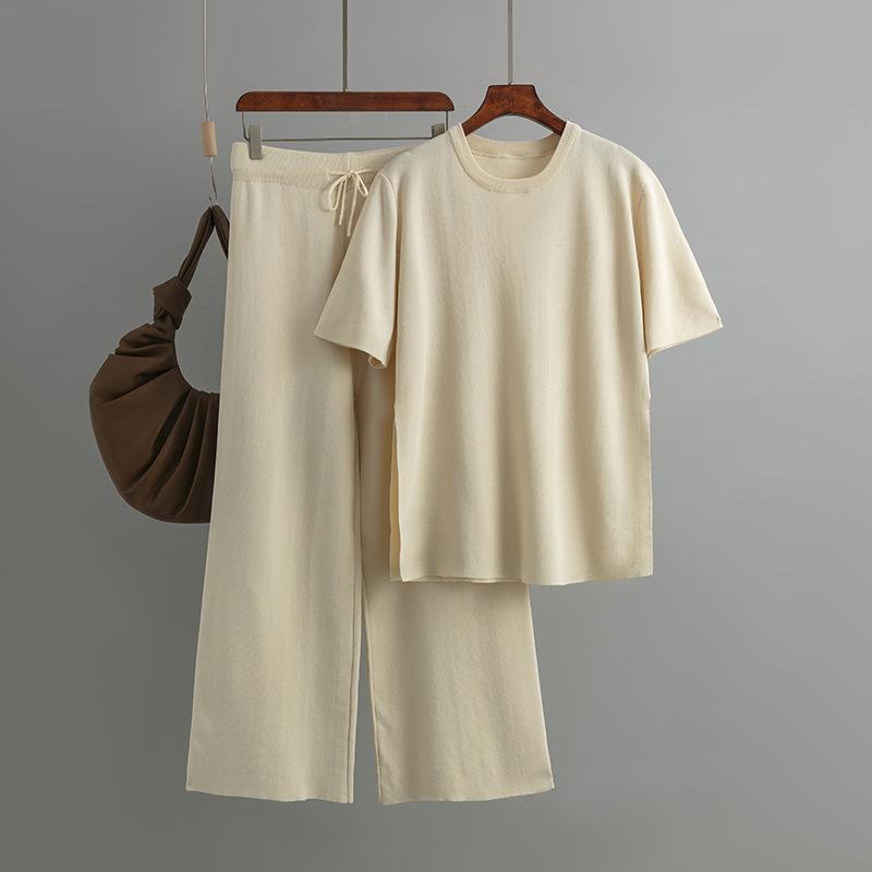 Fashion Knitted Suit Women's Medium and Long Solid Color Loose Split Knitted Sweater + High Waist Lace-up Trousers Two-piece Set