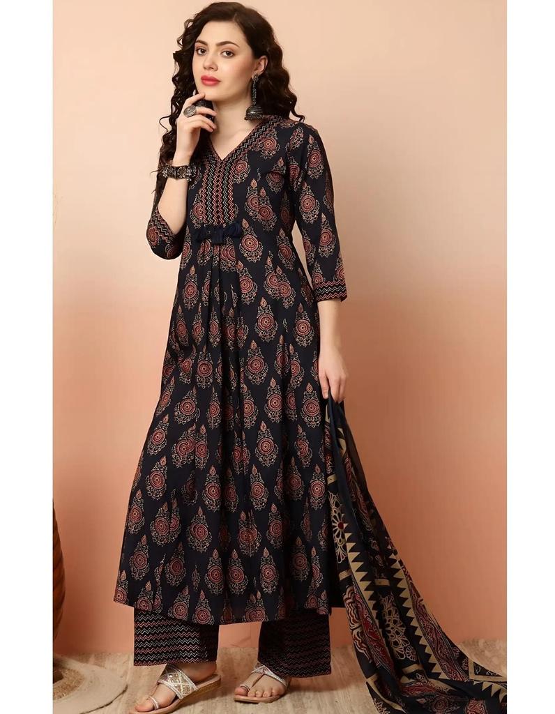 Women Designer Floral Printed Kurta Pant Dupatta Set Indian Bollywood Top Tunic Kurti
