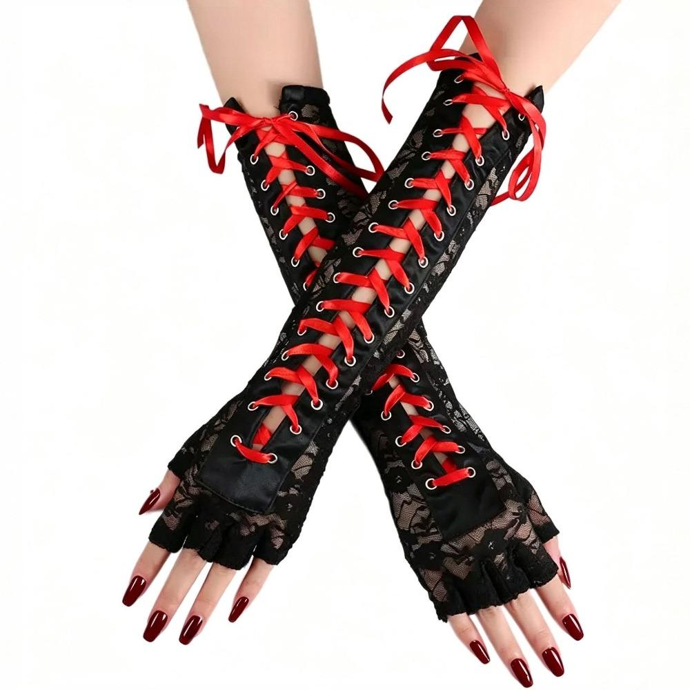 Elastic Lace Strap Gloves Long Gloves Lolita Women Gloves Ribbon Half Finger Gloves Prom Dress красный
