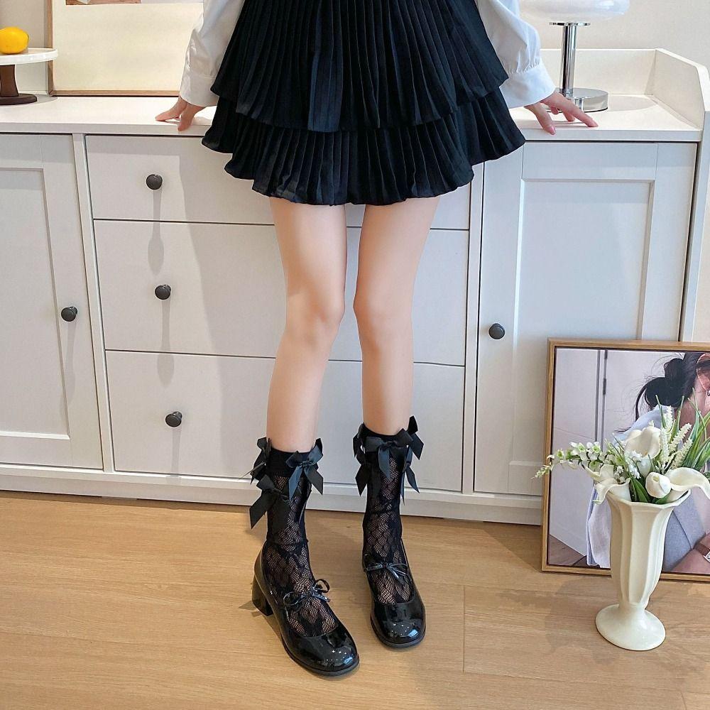 

Solid Color JK Nylon Stocking Hollow Out Tube Pile Socks Fashion Balletcore Bow Long Socks Summer чёрный/бежевый