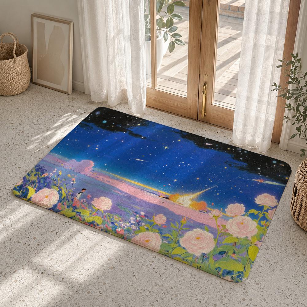 Astronaut Among Cosmic Roses Floor Mat Flannel Rug Soft Non Slip Washable Door Mat For Bathroom Bedroom Kitchen Home Decor