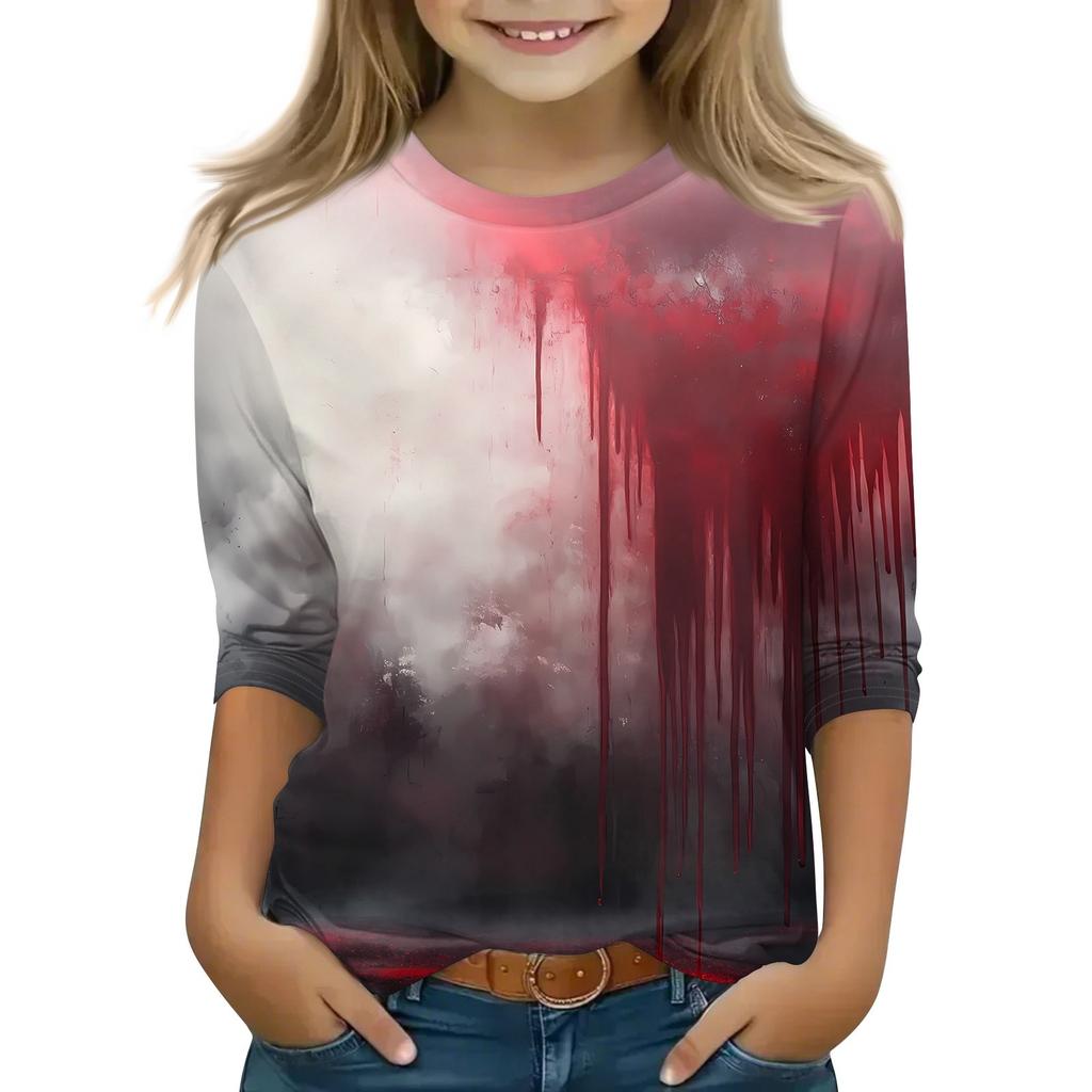 Kinder 3/4-Ärmel Tops Lässiges Halloween-Print T-Shirt Rundhals Pullover Bluse