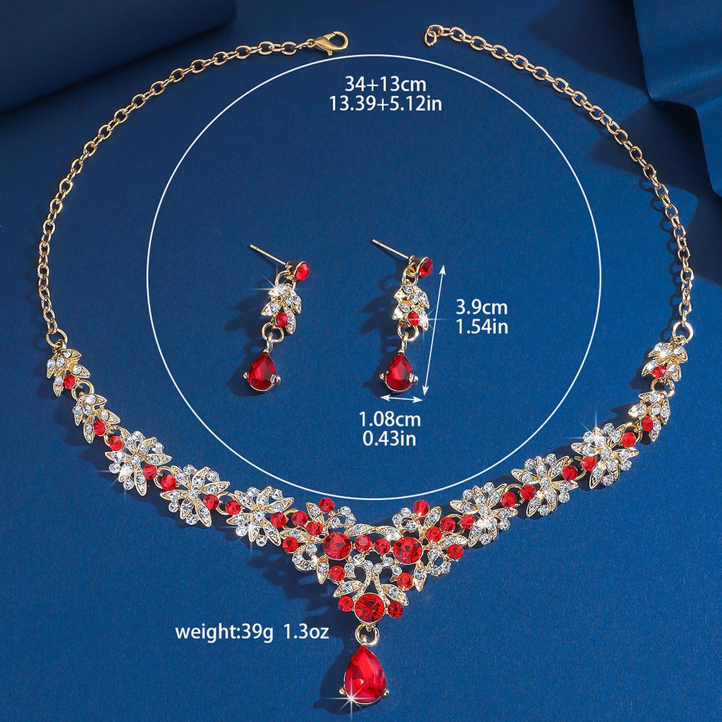 Cross Border Exquisite Full Diamond Red Emerald Water Droplet Necklace Two-piece Set for Bride's Banquet Light Luxury Set
