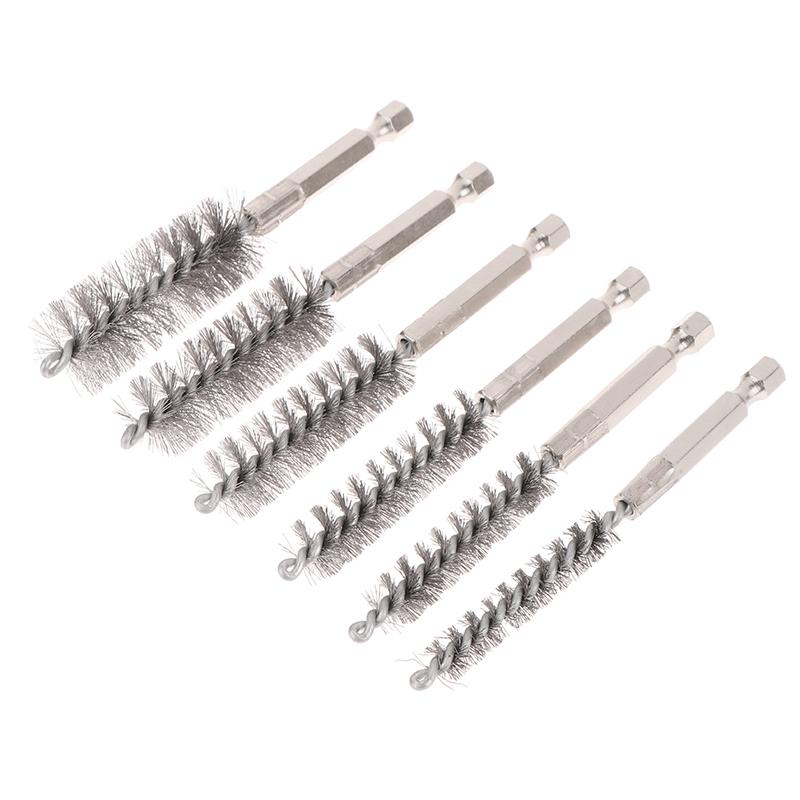 6 Pcs Stainless Steel Pipe Cleaning Brush Set 1/4" Hexagonal Bar Twisted Wire Hole Brush Cleaning Brush Bristle Wire Brush Hole
