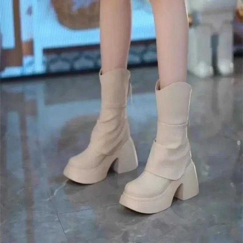 2025 Autumn Winter Women Shoes Leather Short Boots for Women Round Toe Chunky Heel Boots Zipper Ankle Boots Female Platform Heel