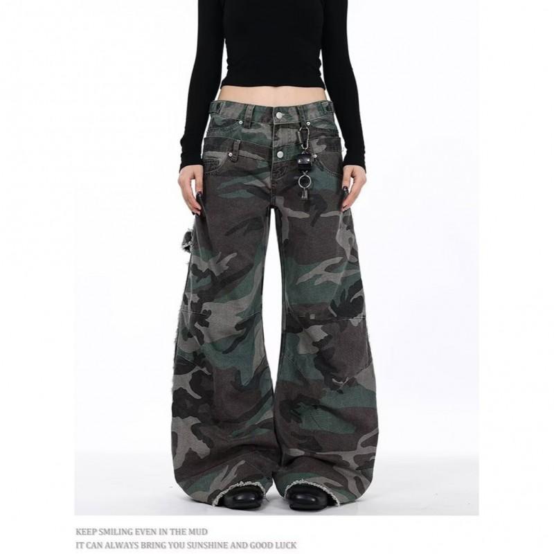 Womens Vintage Camo Denim Jeans High Waist Straight Leg Wide Fit Cargo Pants Casual Wear