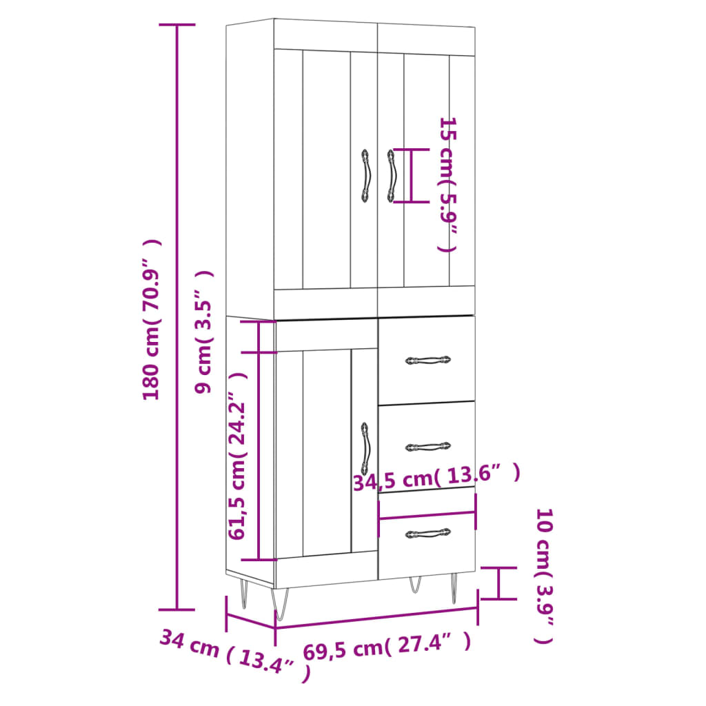 Highboard White 69.5 x 34 x 180 cm Particleboard