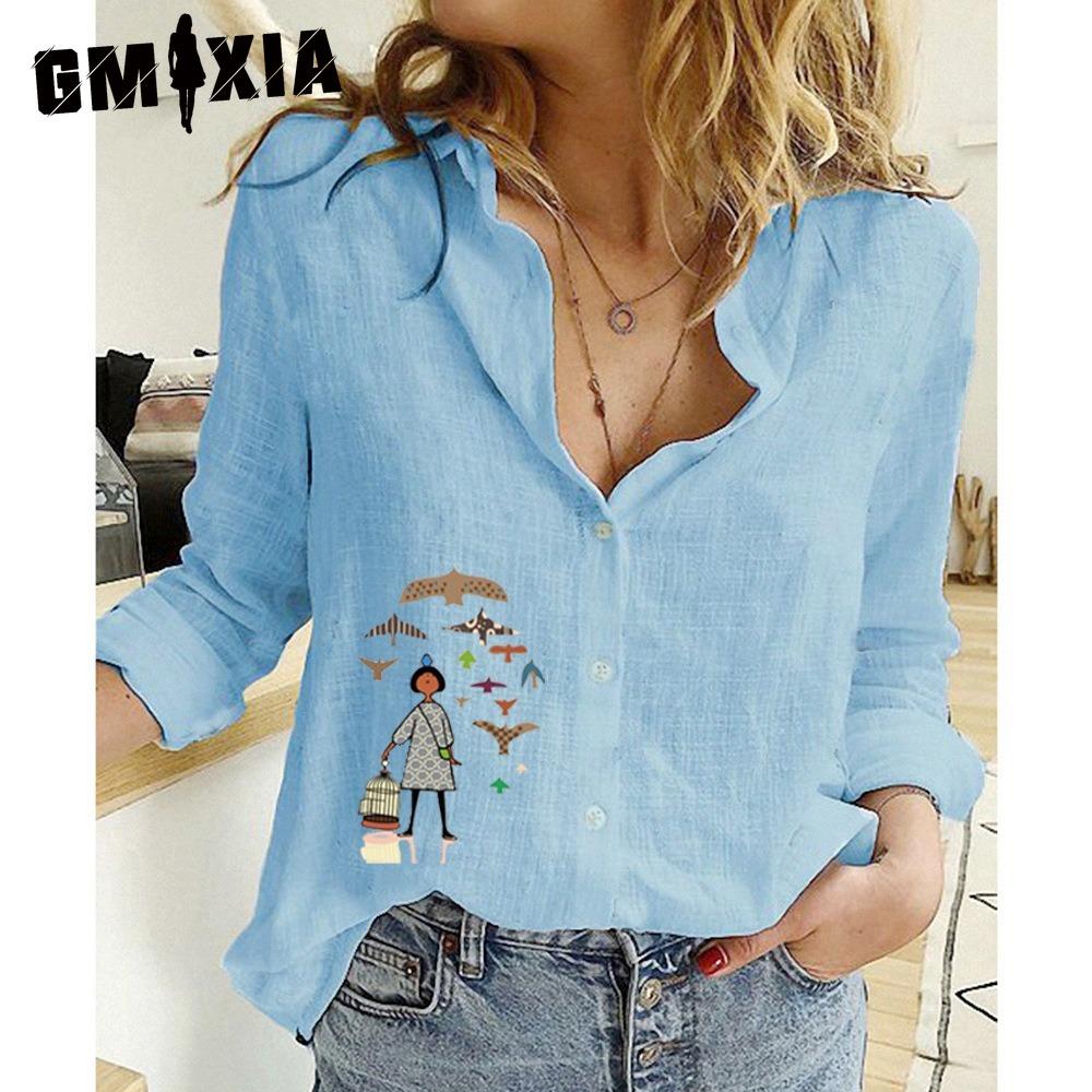 

GMXIA Женская модная повседневная блузка с длинным рукавом и воротником поло с принтом маленьких рыбок XXL синий