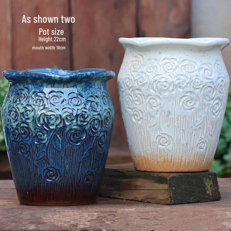 Handmade Embossed Rose Ceramic Succulent Pot, Tall Breathable Coarse Pottery, Large Mouth Plant Pot with Flower Design.