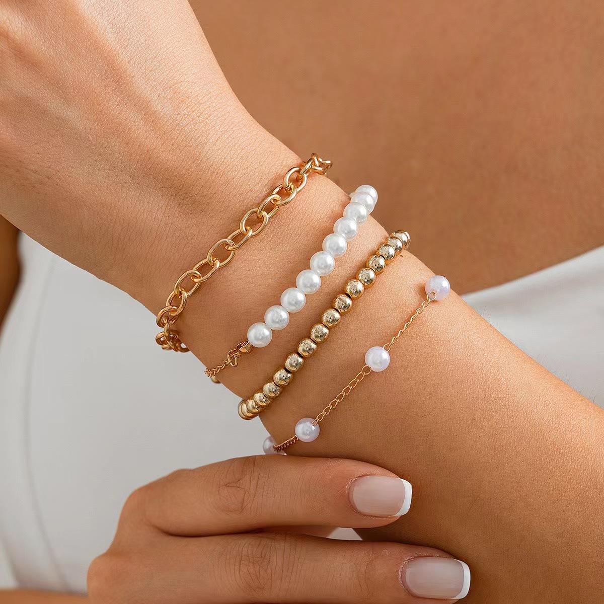 Модный браслет, набор браслетов из бусин, темпераментный браслет с имитацией жемчуга, простой многослойный браслет