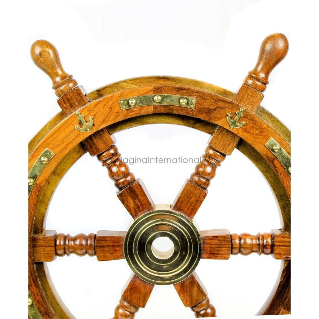 Nautical Premium Sailor's Hand Crafted Brass & Wooden Ship Wheel | Luxury Gift Decor | Boat Collectibles (18 Inches, Anchor & Strip)