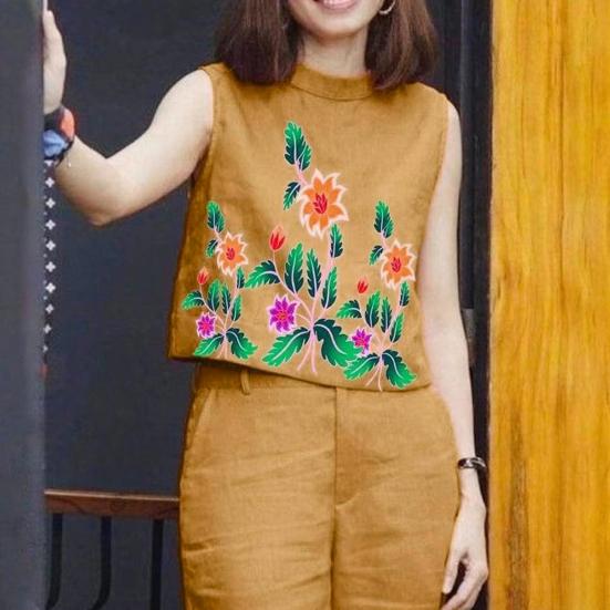 2 Pcs/Set Women Top Pants Set Flower Printing Elastic Waist Casual Sleeveless Loose Daily Wear Round Neck Plus Size Lady Vest