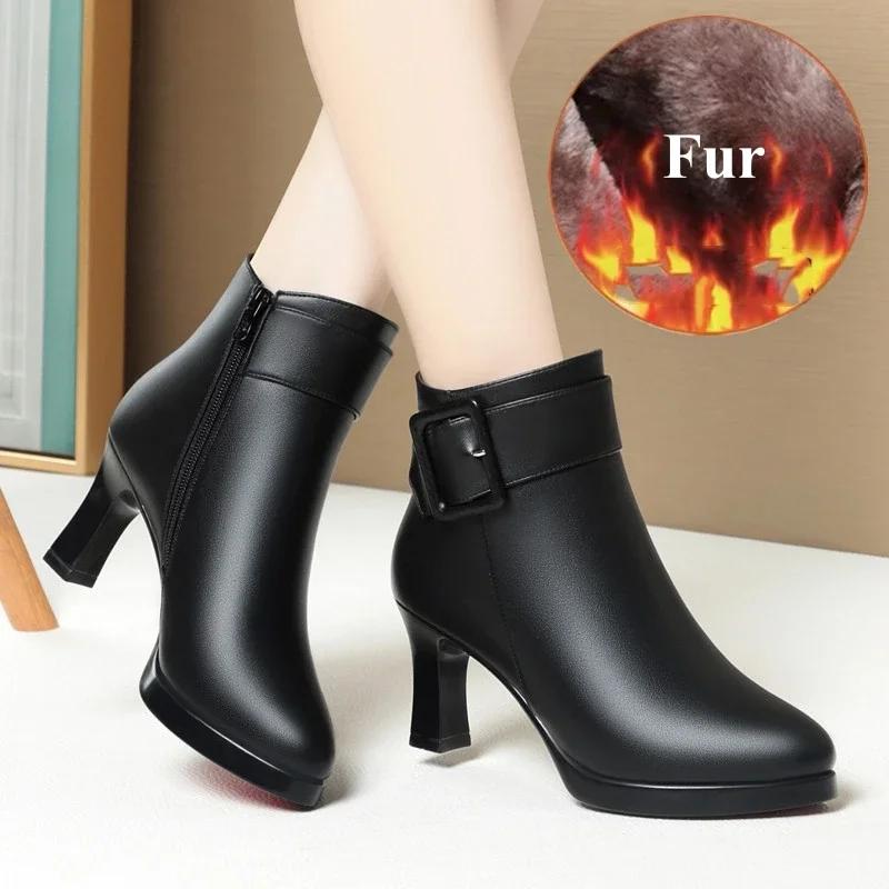 7cm 9cm Comfortable Fashion Soft Leather Boots Women s Winter Cotton Fur Shoes 2026 Block High Heels Ankle Boots for Office Mom 40 3930₽