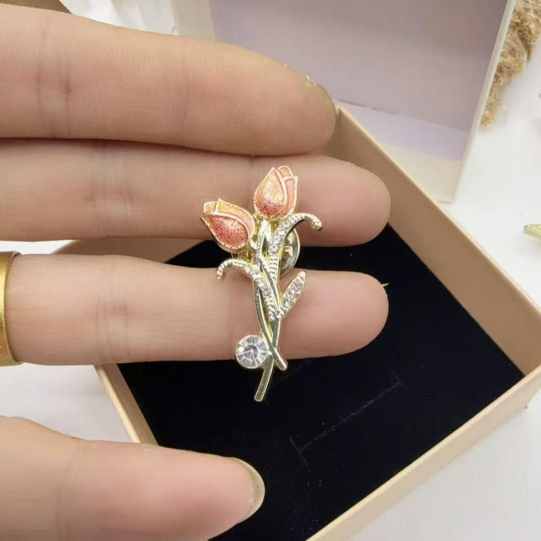 Elegant Orange-Red Tulip Brooch with Rhinestones - Women s Silk Scarf Buckle Pin