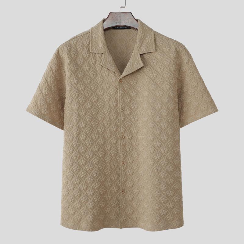 

INCERUN Oversized Men Lapel Neck Short Sleeve Texture Flowers Summer Casual Shirts S хаки