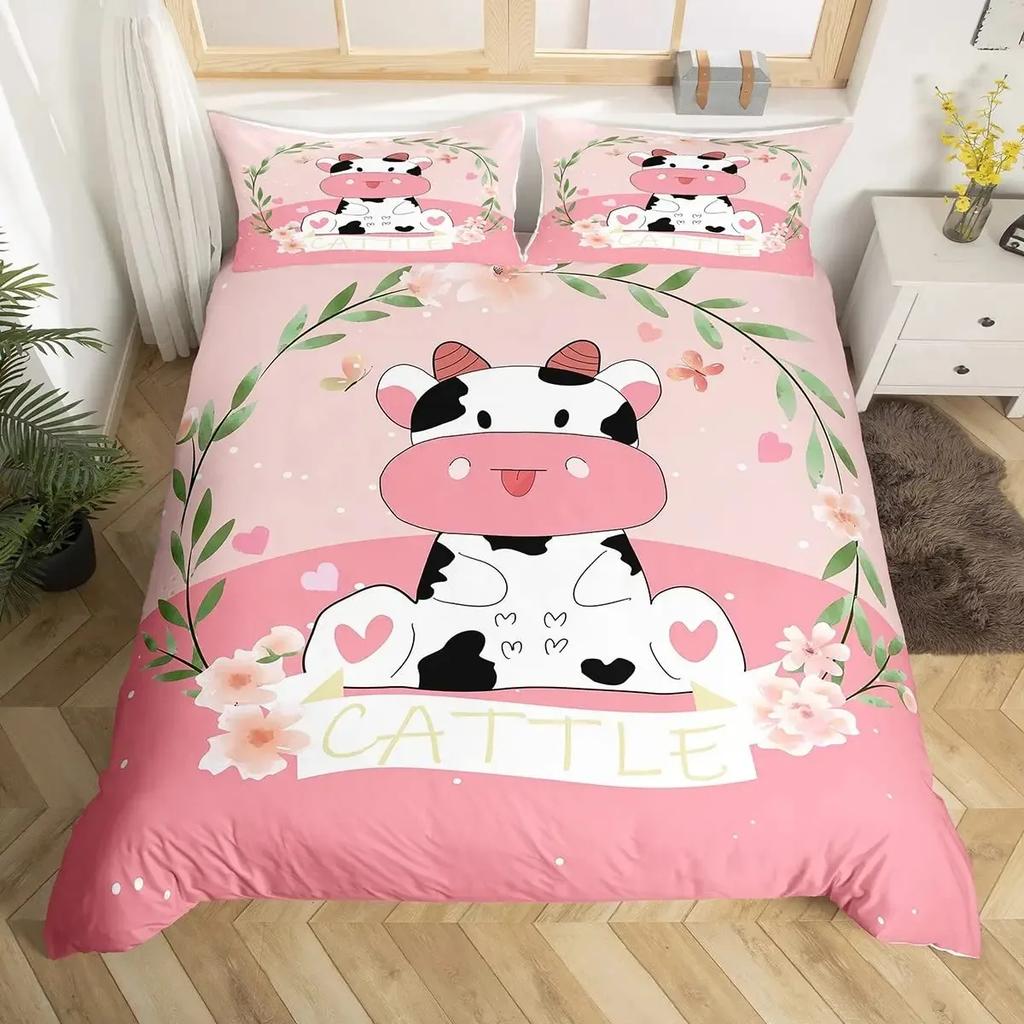 Milk Cow Duvet Cover Set Pink White Cow Strawberry Pattern Comforter Cover Bedding Set for Girls Kawaii Milk Cow Qulit Cover Set