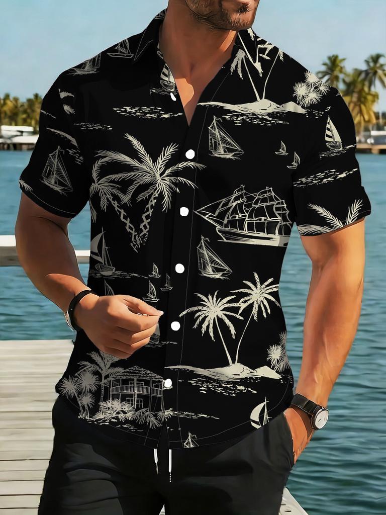 Men's Fashion Short Sleeve Shirt, Black Background with White Sailboat, Palm Tree, Island, and Cottage Patterns Trendy New Summer Outfit, Casual Daily
