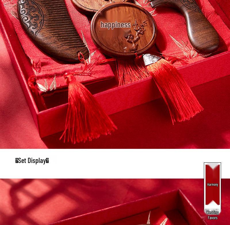 Red Wedding Comb Set for Brides - Elegant Mirror and Hair Combs