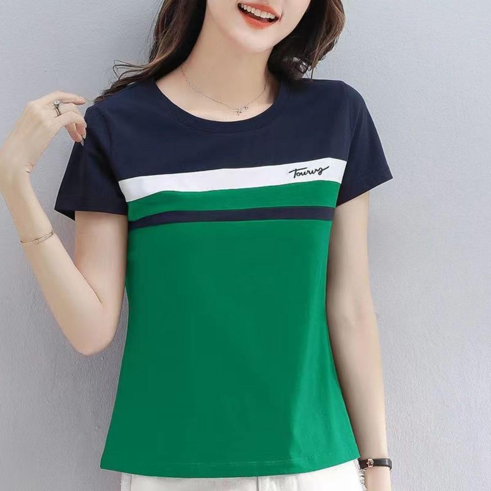 Summer Female   Cotton Embroidered Short-Sleeved T-shirt Women's Fashion Stitching Top Half-Sleeved T-shirt
