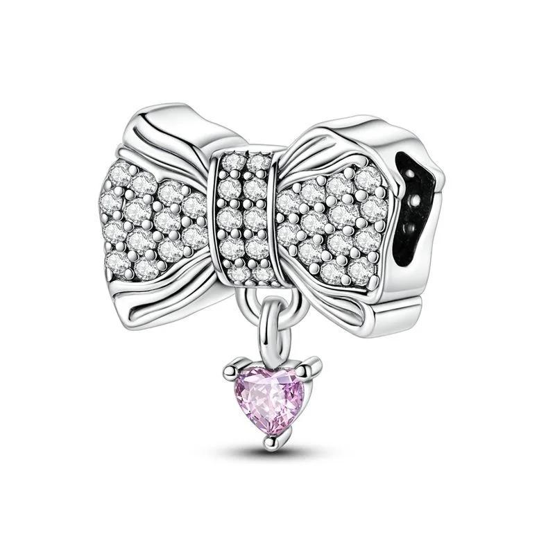 925 Silver Pink Bow Charms Earrings Rings Christmas Bell Pendant for DIY Jewelry Gift