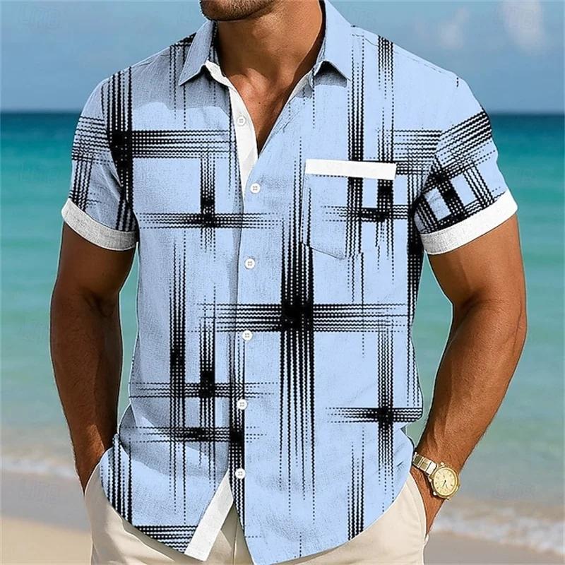 Fashion Casual Men's Geometric Color Block Shirt Button Up Shirt Casual Short Sleeve Daily Vacation Summer