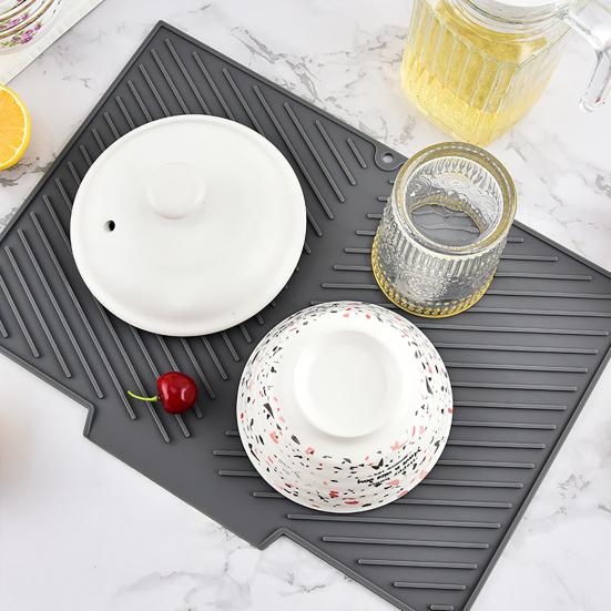 Tapis de séchage en silicone pour vaisselle avec drainage rainuré Résistant à la chaleur Protection de plan de travail pour cuisine Tapis antidérapant pour évier Réfrigérateur Tiroir