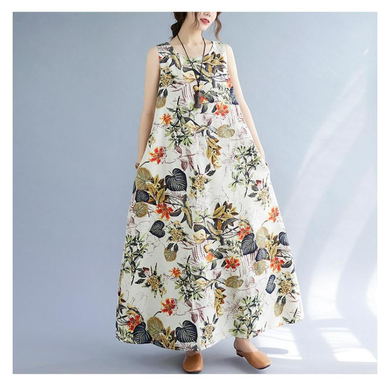 Long Skirt Plus Size Women's Summer Retro Ethnic Style Loose Printed Sleeveless Cotton and Linen Long Pullover Vest Dress