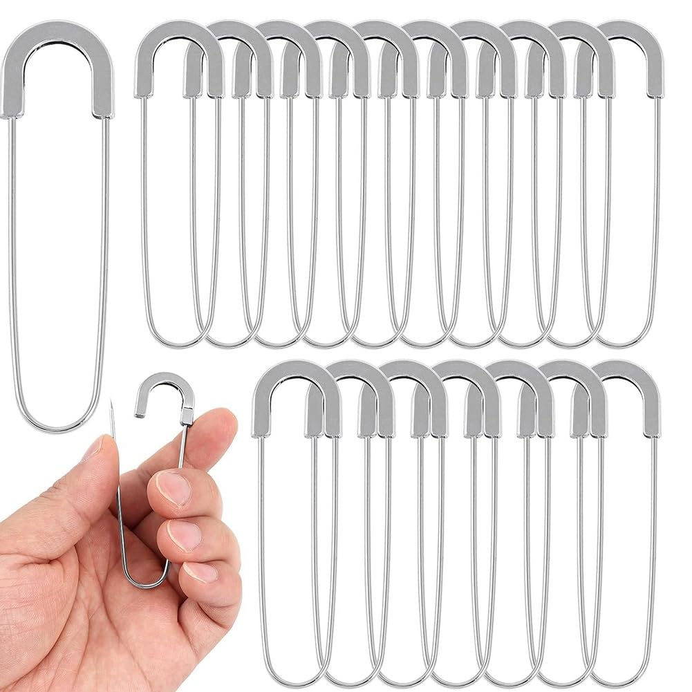 Coilless Safety Pins: 3 Inch Extra Large Heavy Duty Metal Fasteners - 20 Pack Silver Jumbo Pins for Crafting and DIY Projects