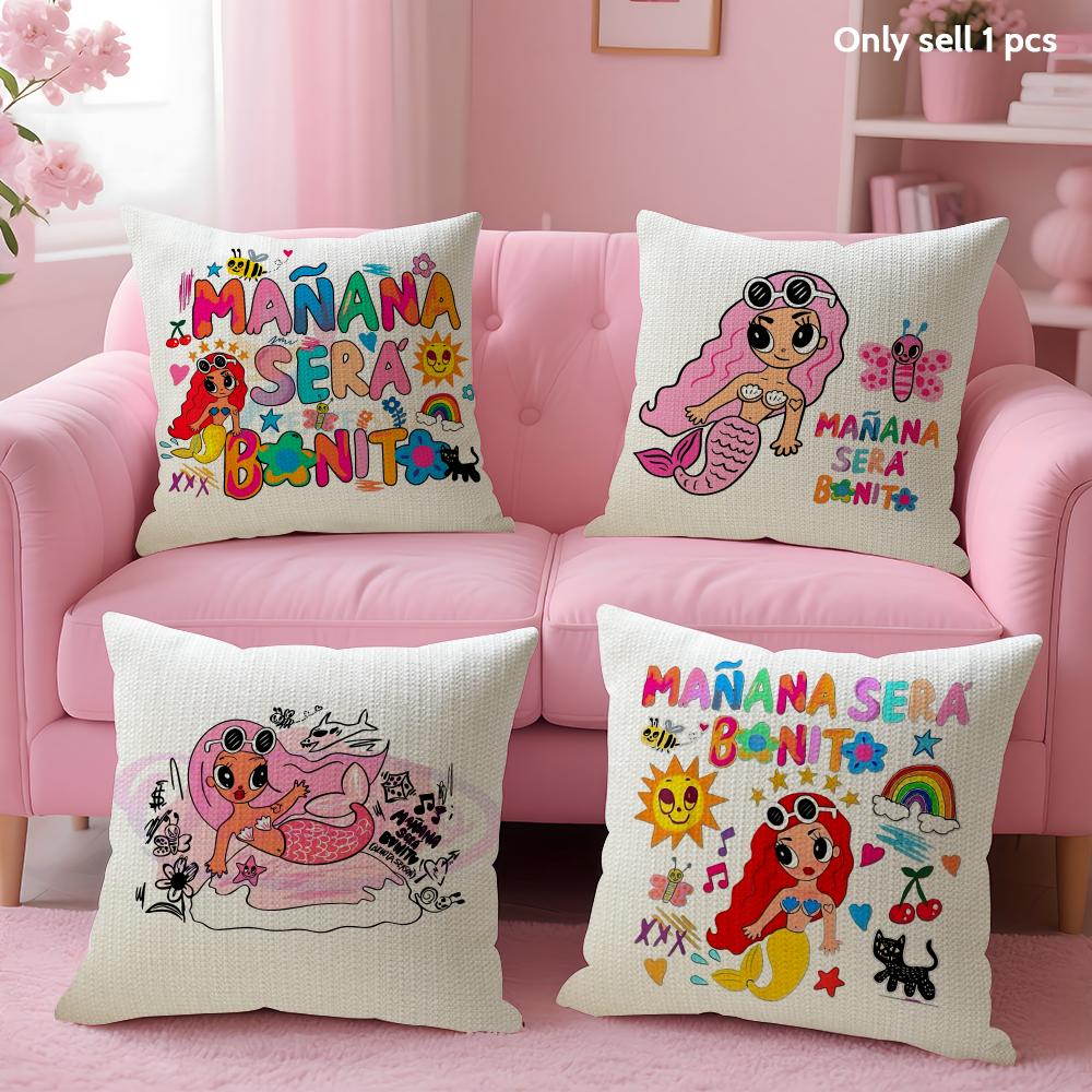 Cartoon Manana Sera K-Karol G Cushion Cover Summer Coolness Linen Fabric Double-Sided Printing Pillow Case Sofa Home Decor Gift