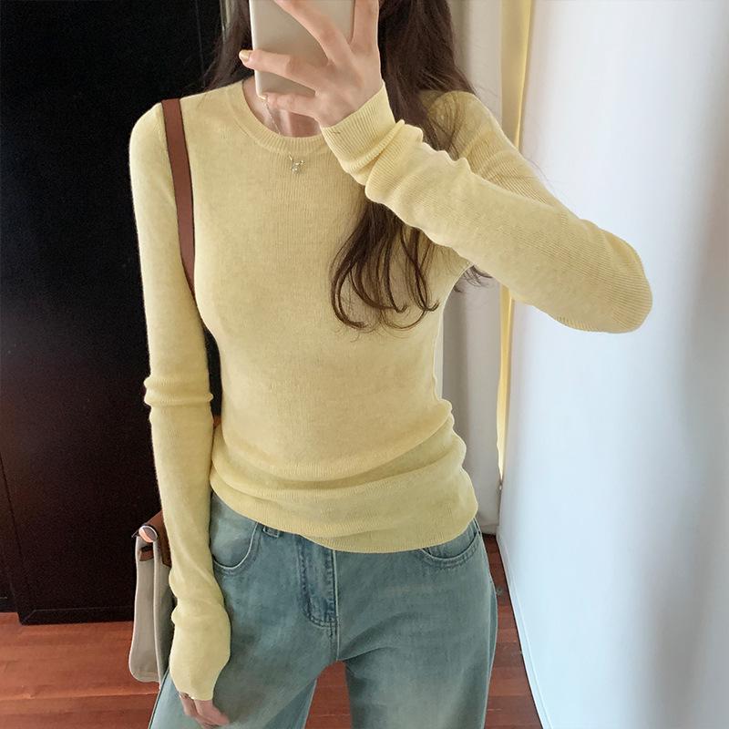 

Women s Slimming Solid Color Knit Pullover: Soft, Round Neck, Long Sleeve L жёлтый