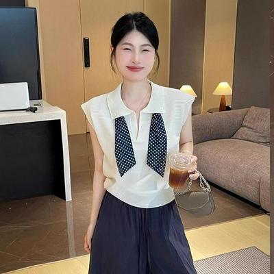 Korean-style Lapel Silk Scarf, Lace-up Knitted Sweater, Women's Summer Polo Neck Short-sleeved T-shirt, Short Small Fly-sleeved Top