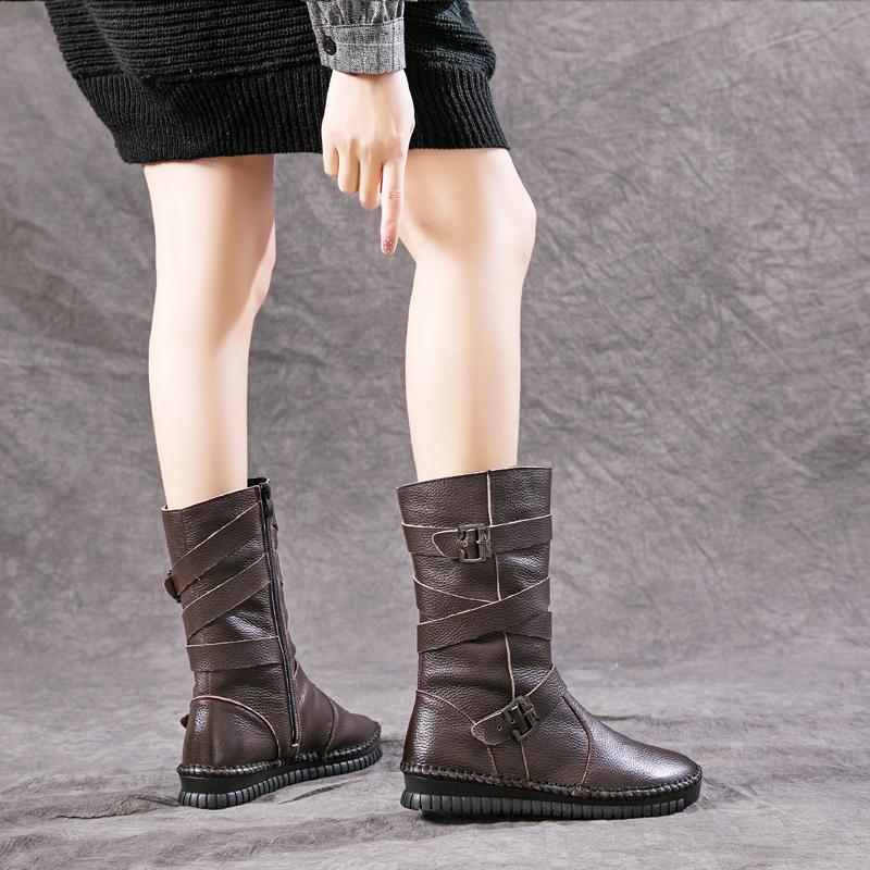 GKTINOO 2024 Women Boots Autumn Winter Shoes Soft Bottom 100% Genuine Leather Flat Mid Calf Boots Women Casual Warm Boot