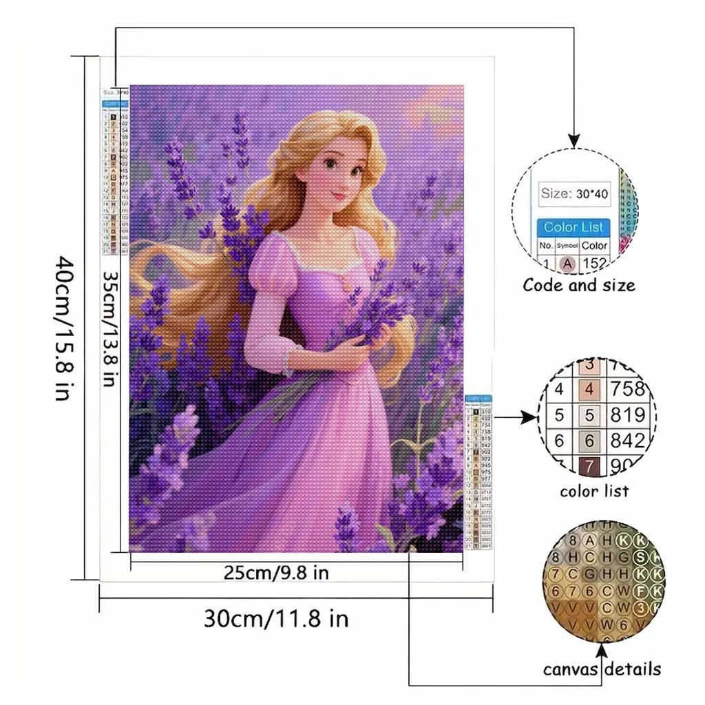 Diamond Mosaic Colorful Diamond Painting Lavender and Princess Full Round Embroidery Cartoon Creative Hobbies Wall Decor
