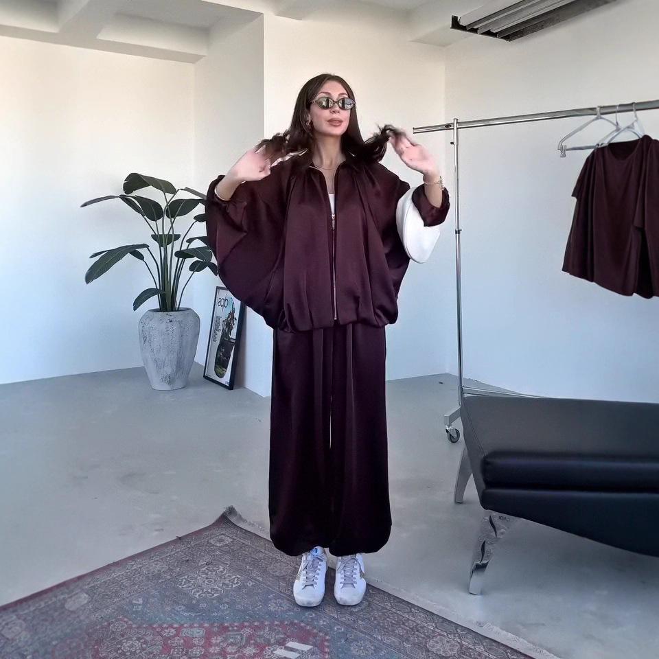 2025 Summer Women's Satin Long-Sleeve Jacket & Loose Pants Two-Piece Set - Commute Fashion