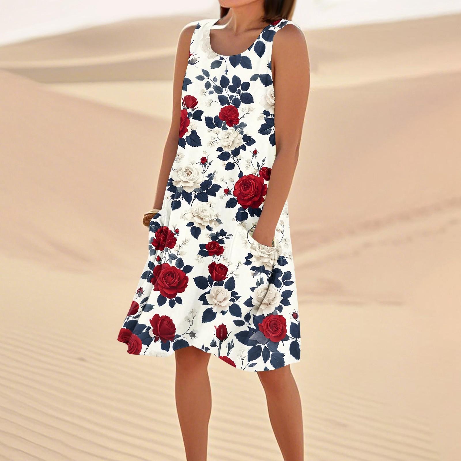

Print Dresses For Women Loose Beach Vacation Casual Sleeveless Sundresses With Pockets Tank Dress XL винний