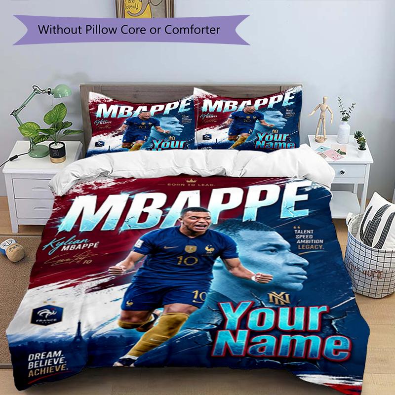 3pcs Custom Name MBAPPE Football Legend Printed Bedding Set Duvet Cover Closure Includes 1 Duvet Cover & 2 Pillowcases, Soft and Comfortable for All S