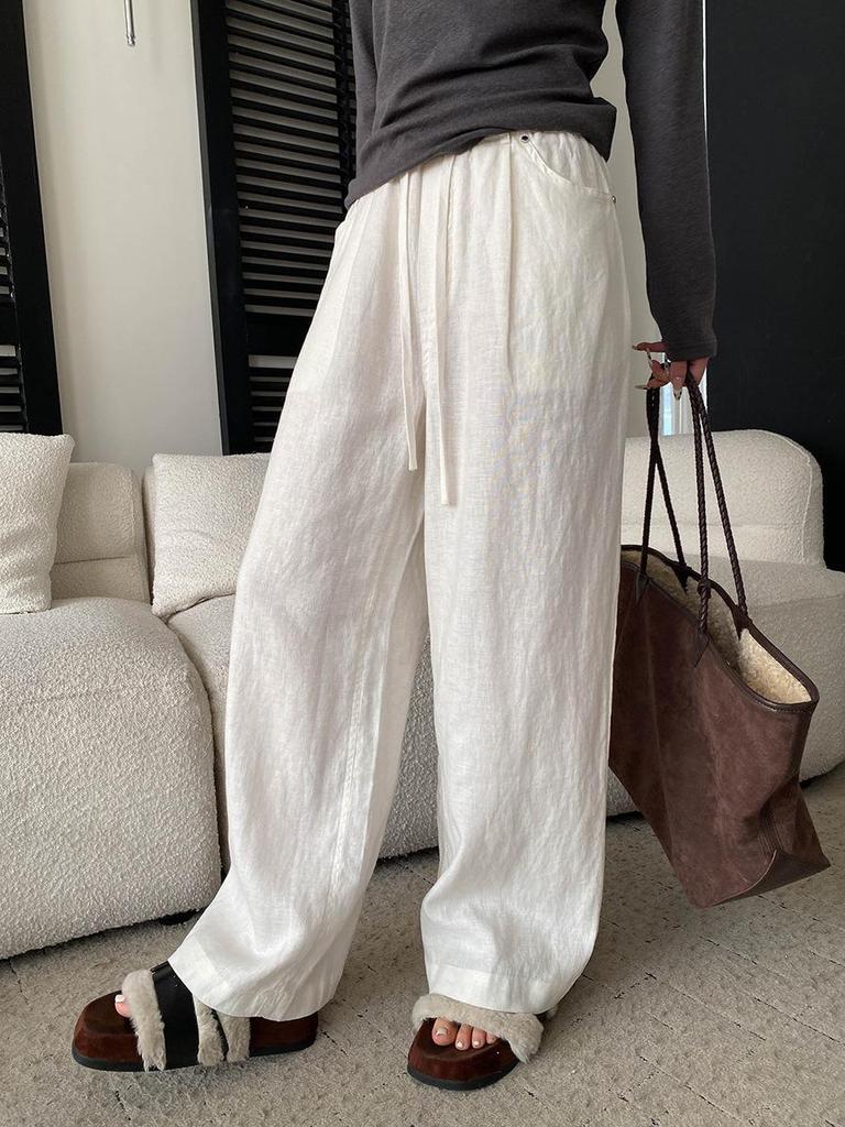 Sinan Tencel Linen Drawstring Wide-Leg Floor-Length Casual Pants SN8668