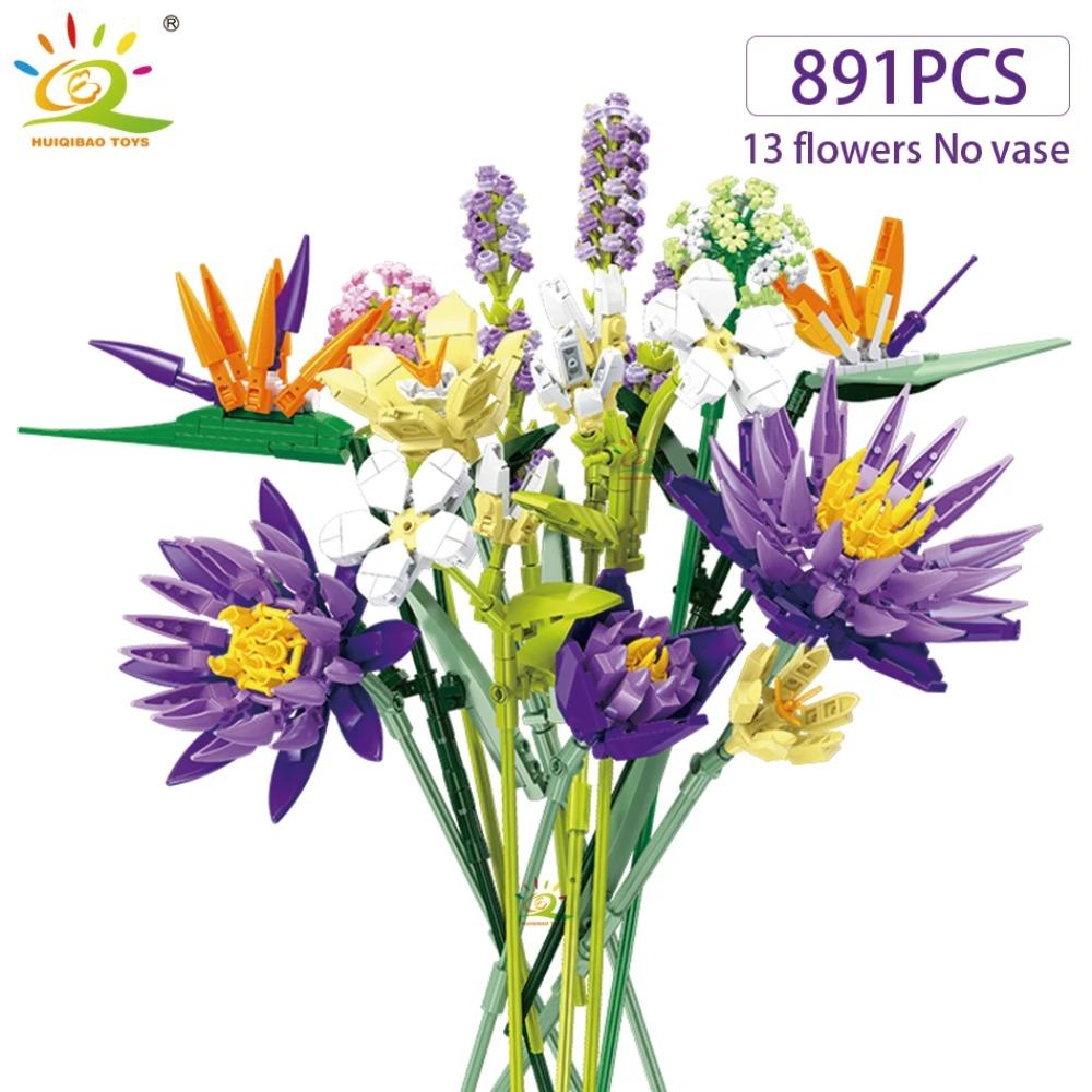 HUIQIBAO MOC Flower Model Building Blocks 3D Bouquet Plants Sunflower Rose Bricks Kits Children DIY Educational Toys Home Decor