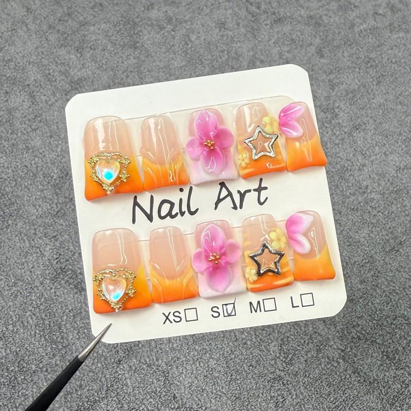 Handmade Press-On Nails Short Duckbill Shape With 3D Floral Embossed Design Ice-Translucent Gradient Pink Orange Small