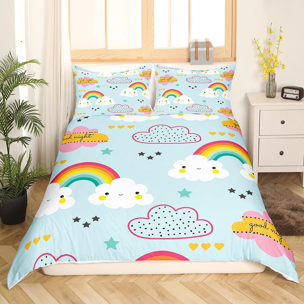 Cartoon Rainbow King Queen Duvet Cover Kids Girls Colorful Clouds Bedding Set Love Heart Comforter Cover Polyester Quilt Cover