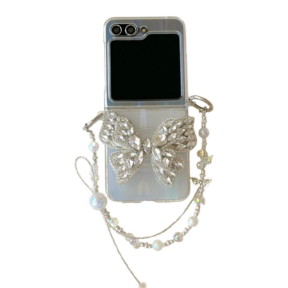 Luxury Glitter Pearl Lanyard Chain Phone Case For Samsung Galaxy Z Flip 6 5 4 3 Flip5 5G Shining Back Card Cover For ZFlip3 Flip