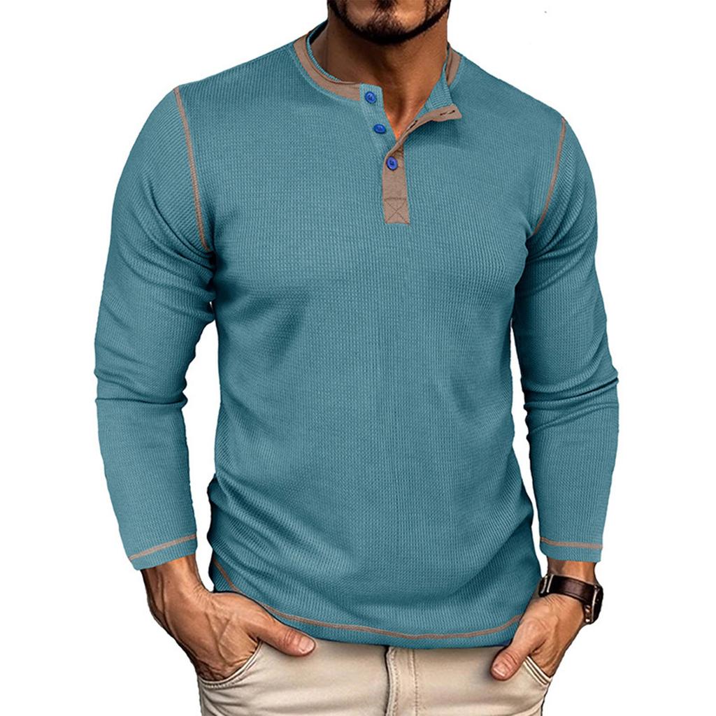 Men's Color Blocked Versatile Long Sleeved Shirt Retro T-shirt Bottom Shirt