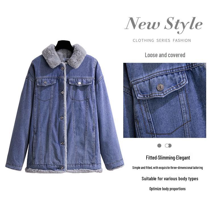 Extra Large Winter Plus Velvet Denim Jacket - Thickened Casual Cotton Coat for Sizes 200/300 Jin